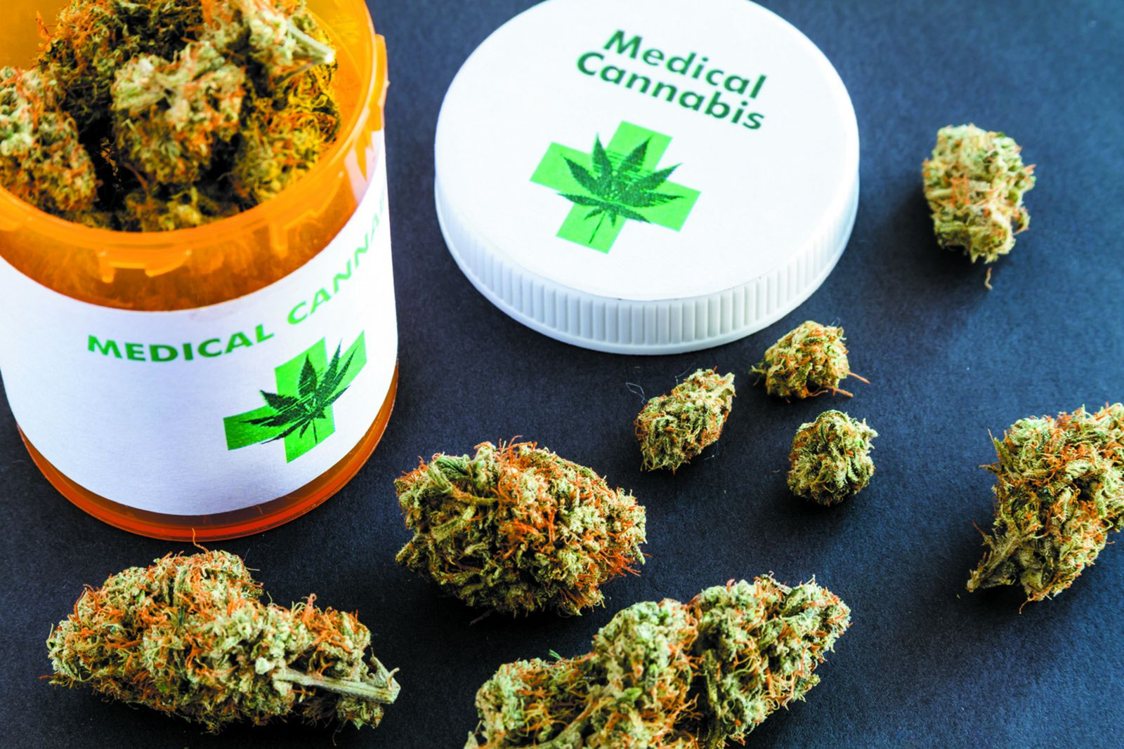 A medical container from the pharmacy showing medical cannabis