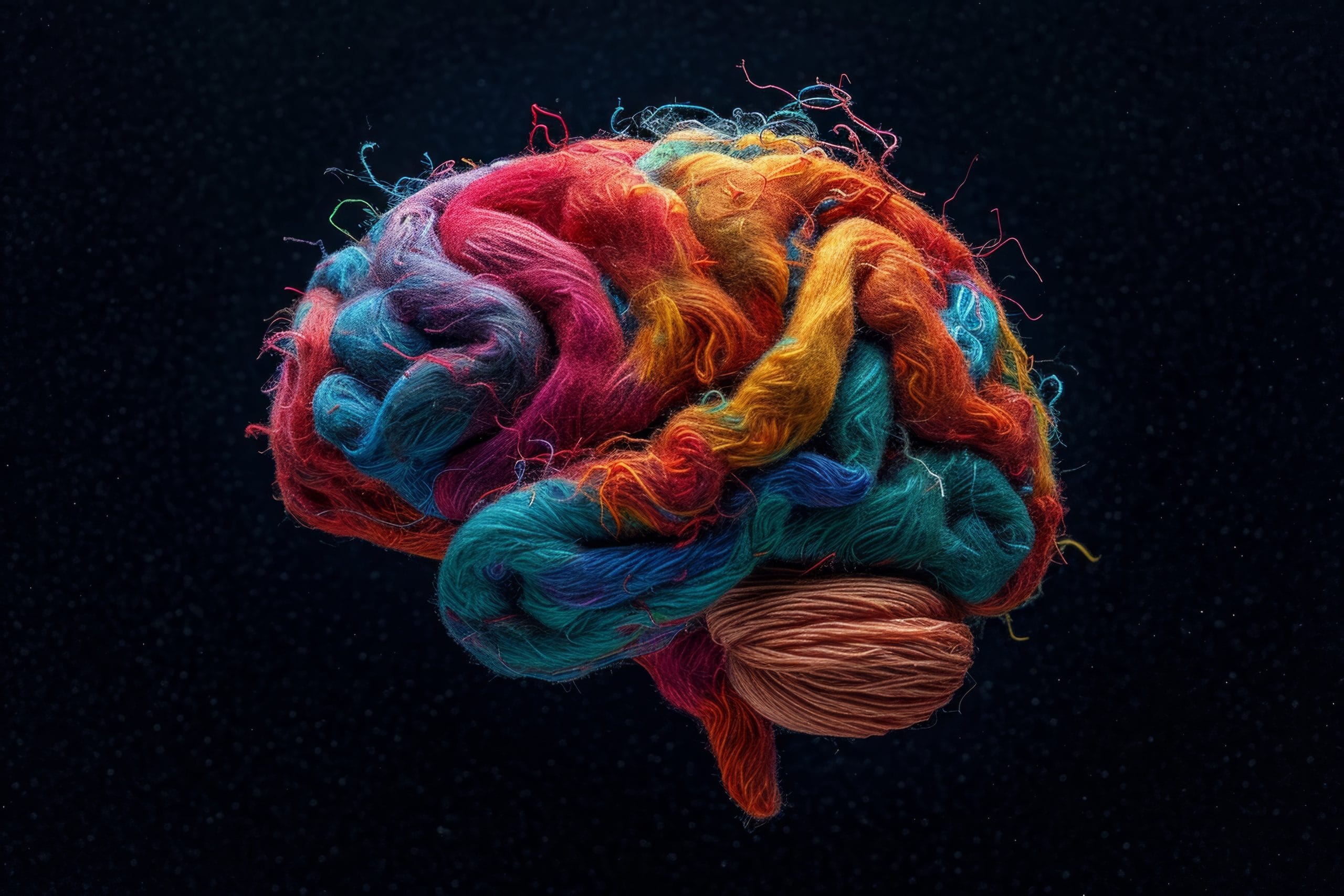 Ein künstlerisch dargestelltes Gehirn mit bunten, verschlungenen Fäden, die die komplexen neurologischen Prozesse und die Auswirkungen von ADHS und möglichen Medikamenten symbolisieren.