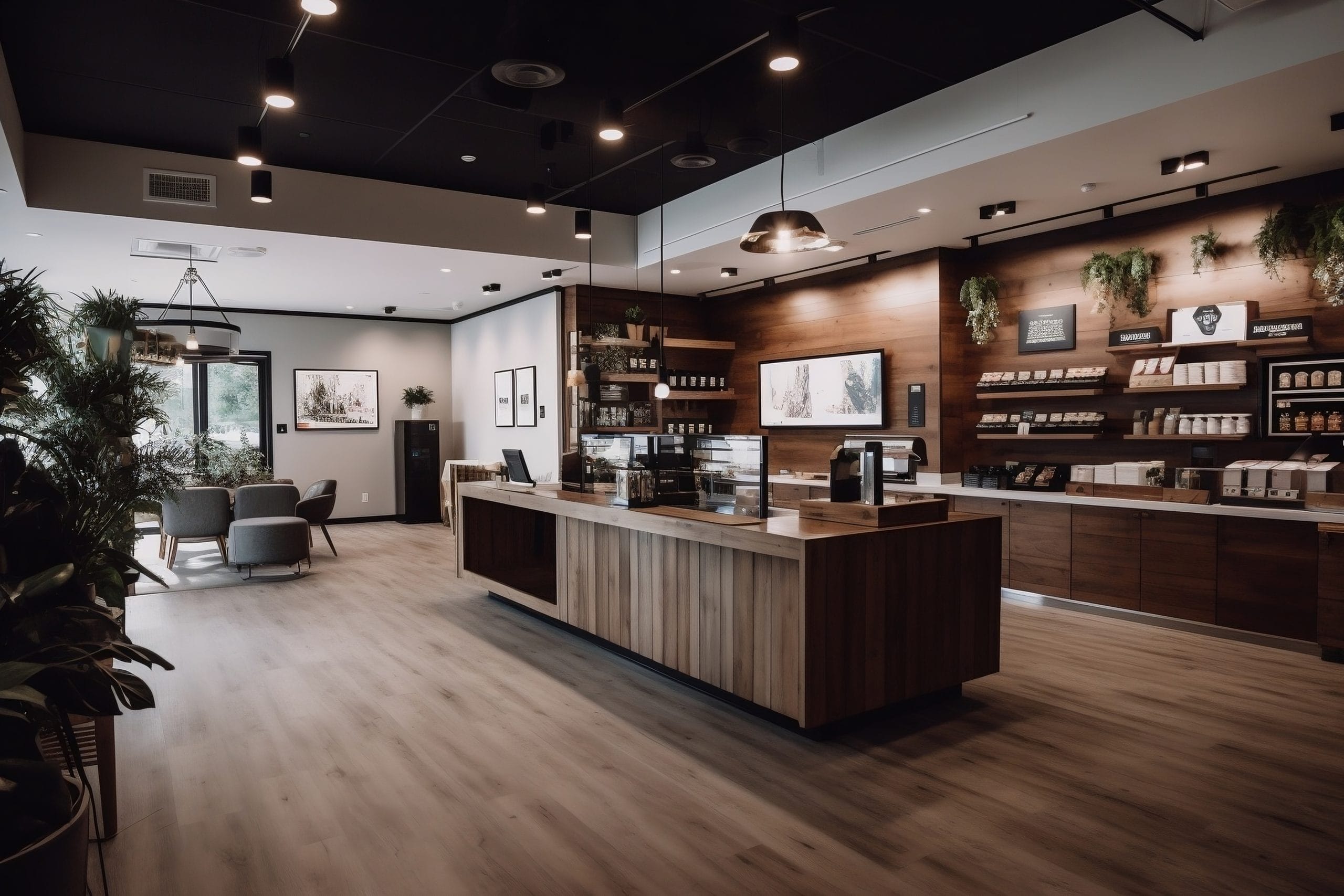 Innenansicht eines stilvollen CBD-Shops mit minimalistischer Einrichtung, warmen Holzakzenten und modernen Beleuchtungselementen. Der Verkaufsbereich bietet eine Auswahl an CBD-Produkten, die auf Regalen entlang der Wände ausgestellt sind. Der Shop strahlt eine ruhige und entspannte Atmosphäre aus.
