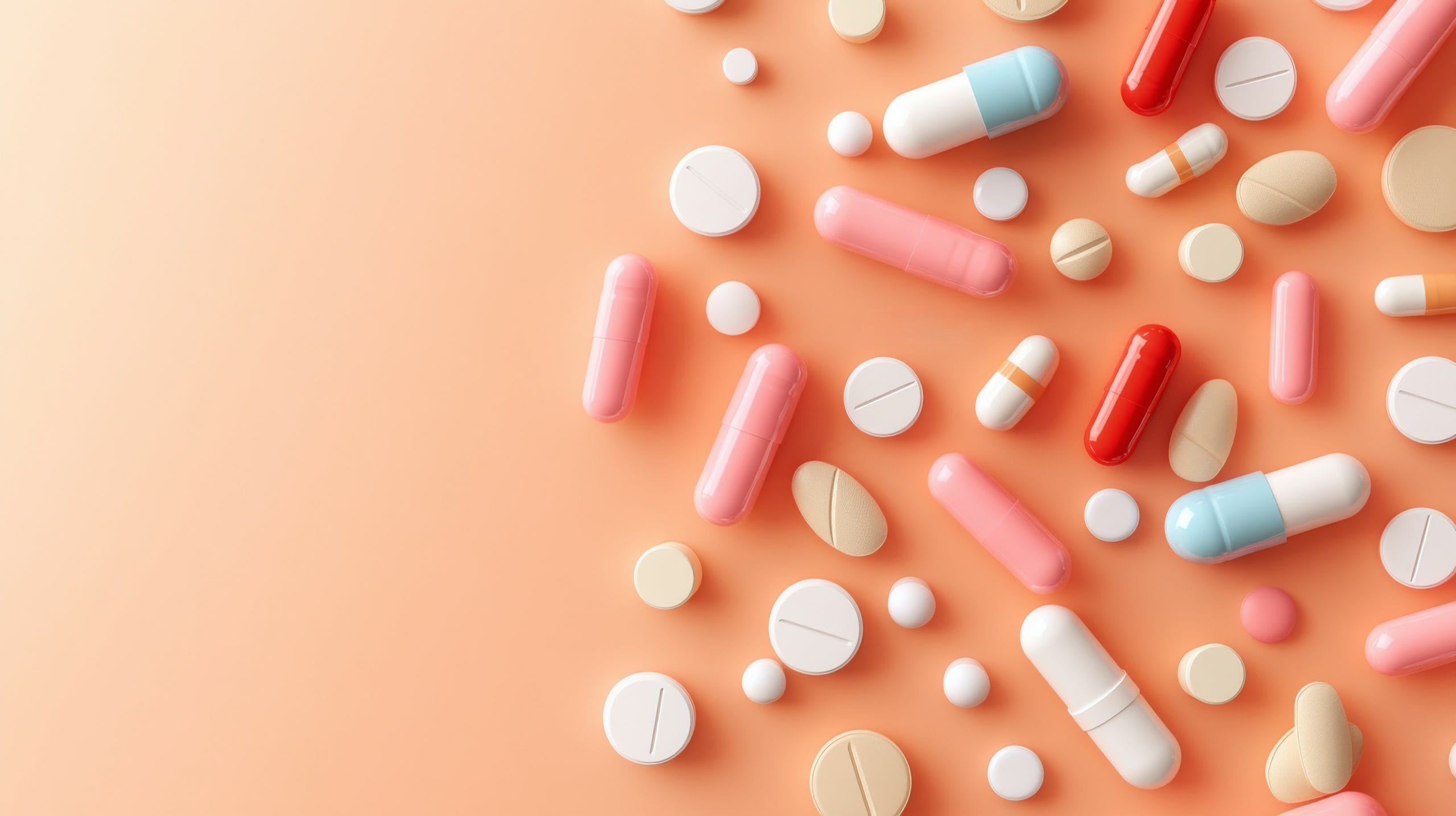 Verschiedene Kapseln und Tabletten auf einem hellen Hintergrund, dargestellt als starkes Schmerzmittel - Überblick der stärksten Medikamente.