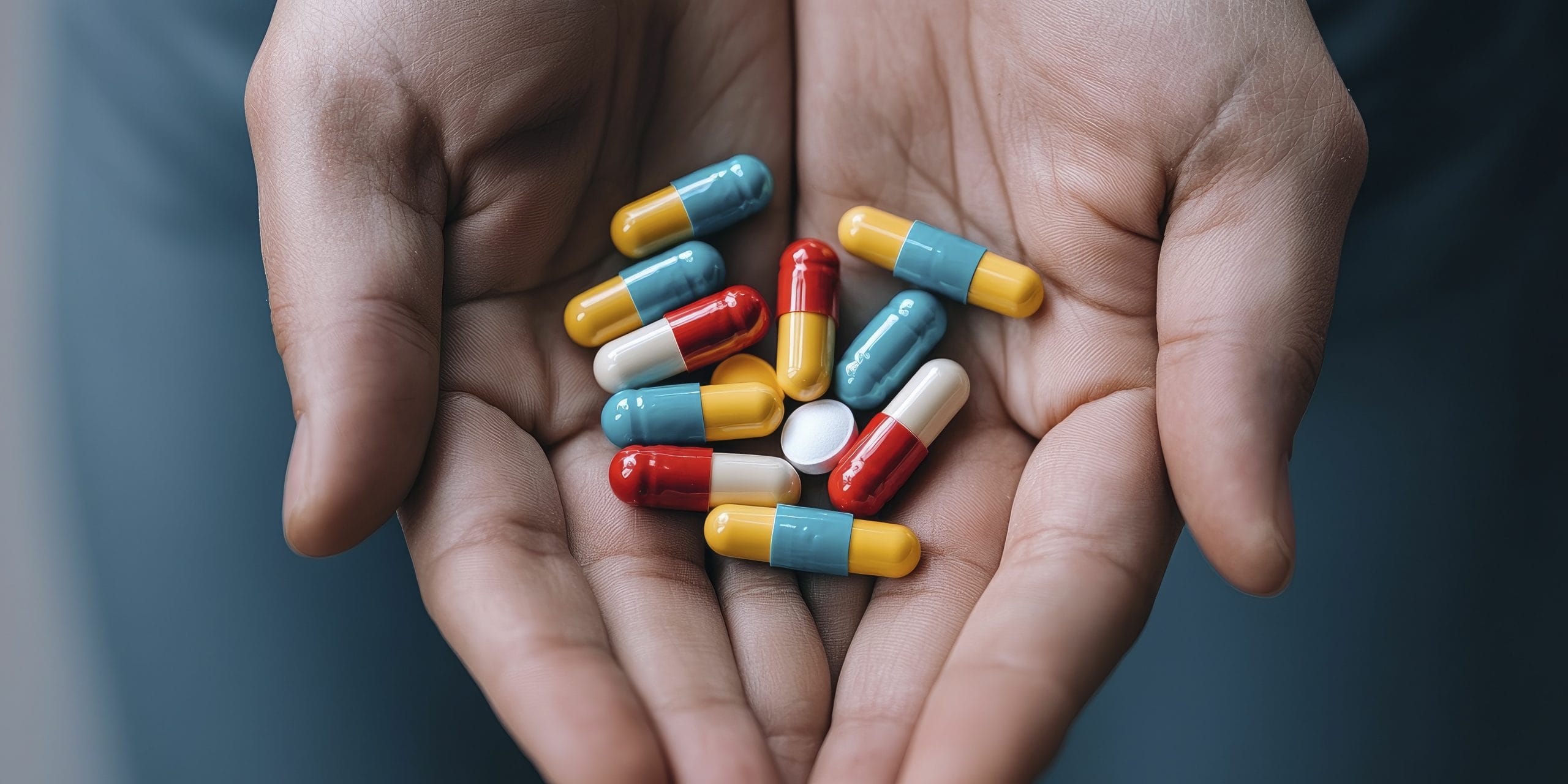 Hände halten eine Auswahl bunter Kapseln und Tabletten, symbolisierend die Vielfalt starker Schmerzmittel.
