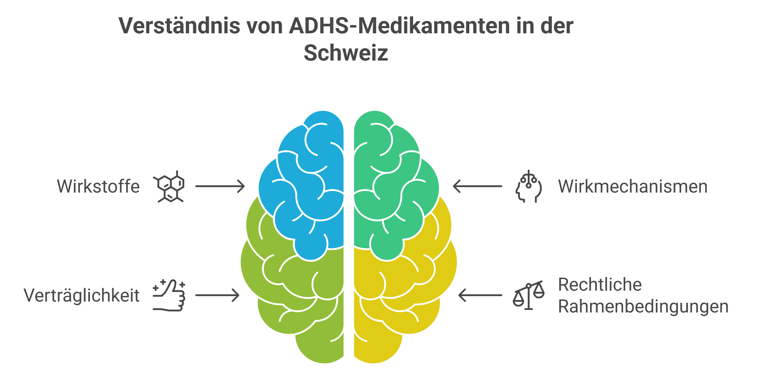 bersichtsgrafik zu ADHS Medikamenten in der Schweiz: Darstellung zentraler Aspekte wie Wirkstoffe, Wirkmechanismen, Verträglichkeit und rechtliche Rahmenbedingungen. Vermittelt grundlegendes Verständnis für betroffene Erwachsene und Eltern.