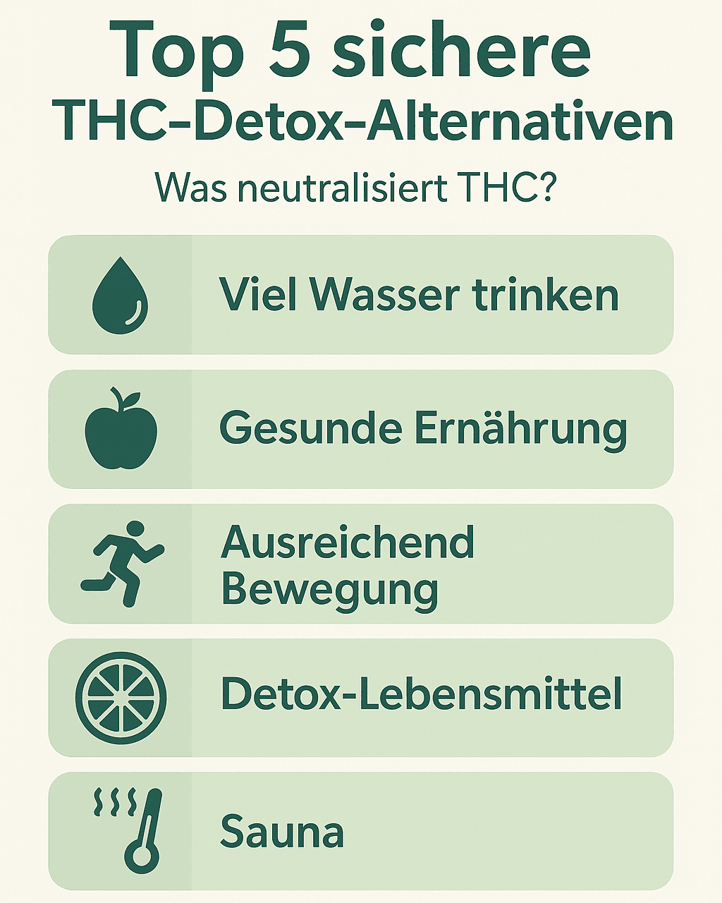 Infografik mit fünf bewährten Methoden zur THC-Entgiftung – von Hydration über Ernährung und Sport bis zu Sauna und zeitlichem Abstand.