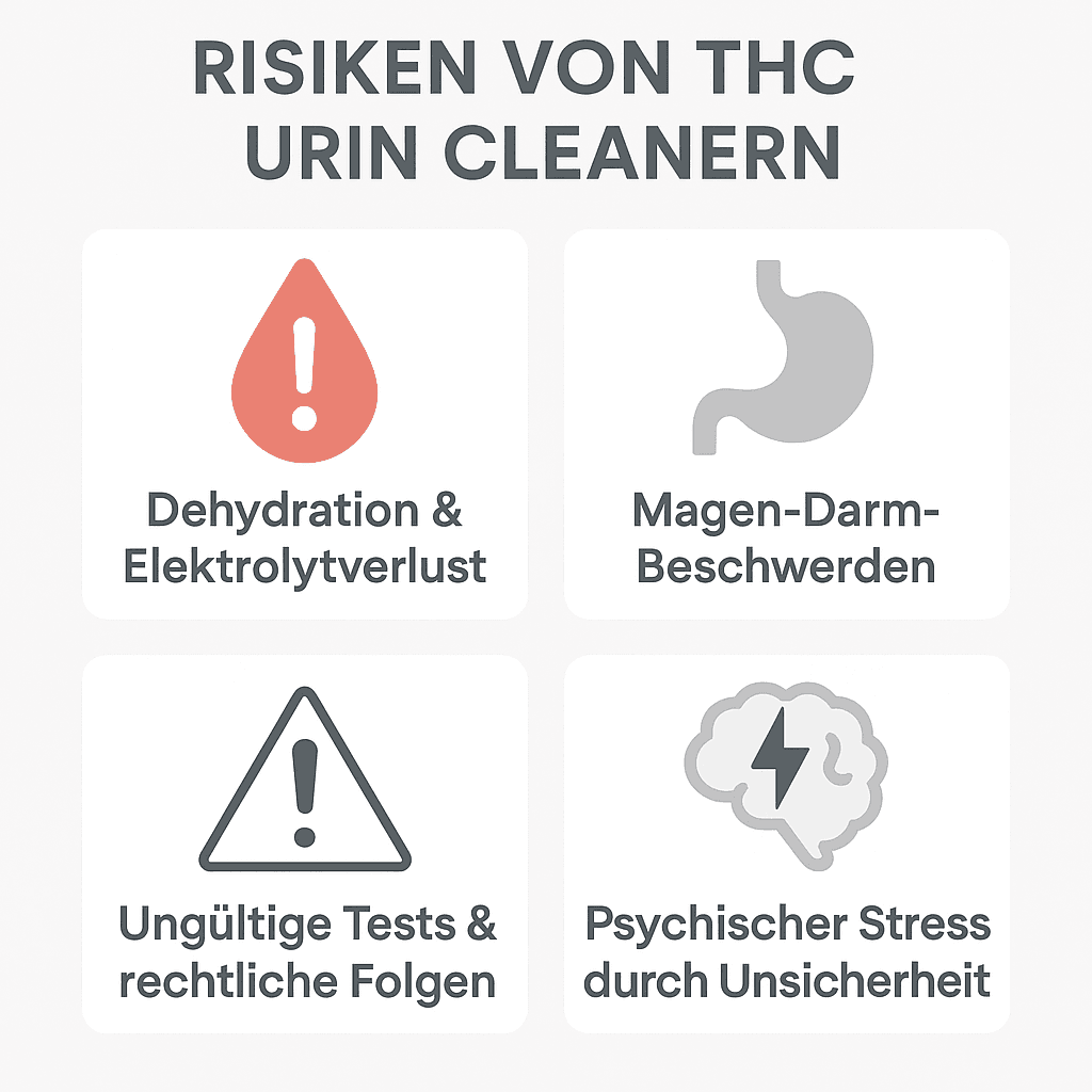Infografik zeigt vier Hauptrisiken von THC Urin Cleanern: körperliche Nebenwirkungen, rechtliche Folgen und psychische Belastung.