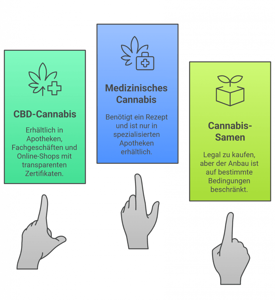 Grafik zur legalen Verfügbarkeit von Cannabis in der Schweiz: CBD-Cannabis ist rezeptfrei erhältlich, medizinisches Cannabis nur auf Rezept, Cannabissamen legal unter Auflagen. Die Darstellung informiert über Kaufmöglichkeiten für verschiedene Cannabisformen.