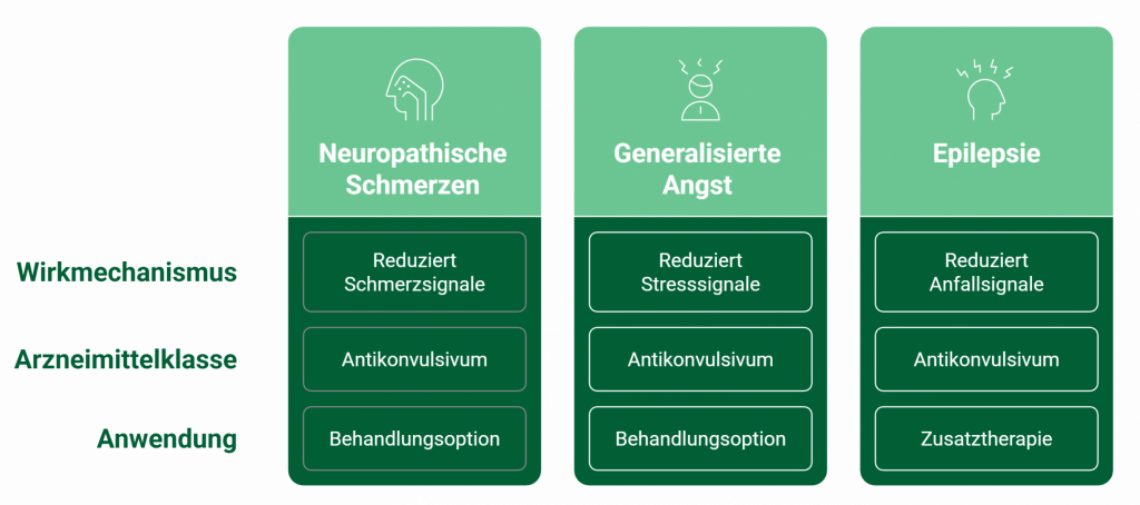 Infografik zu den Anwendungsgebieten von Pregabalin: neuropathische Schmerzen, generalisierte Angststörung und Epilepsie. Übersicht zu Wirkmechanismus, Arzneimittelklasse und Einsatz als Behandlungsoption oder Zusatztherapie.