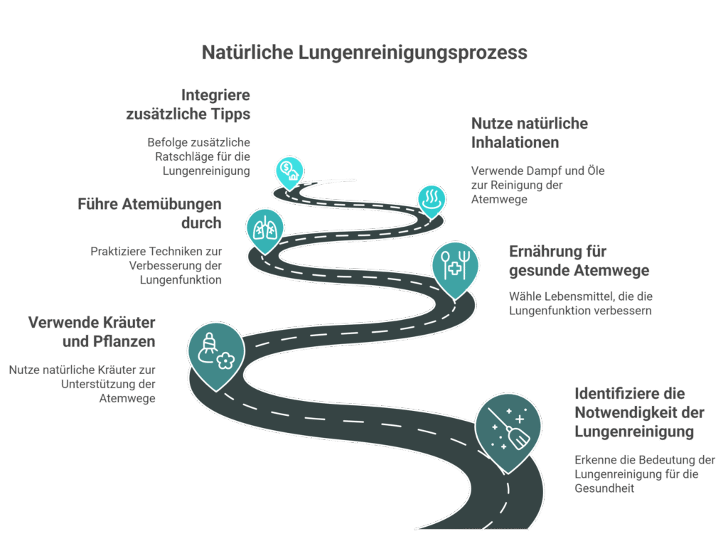 Infografik: Roadmap des natürlichen Lungenreinigungsprozesses – von Bedarf erkennen über Ernährung, Inhalationen und Atemübungen bis Kräuter & Tipps.