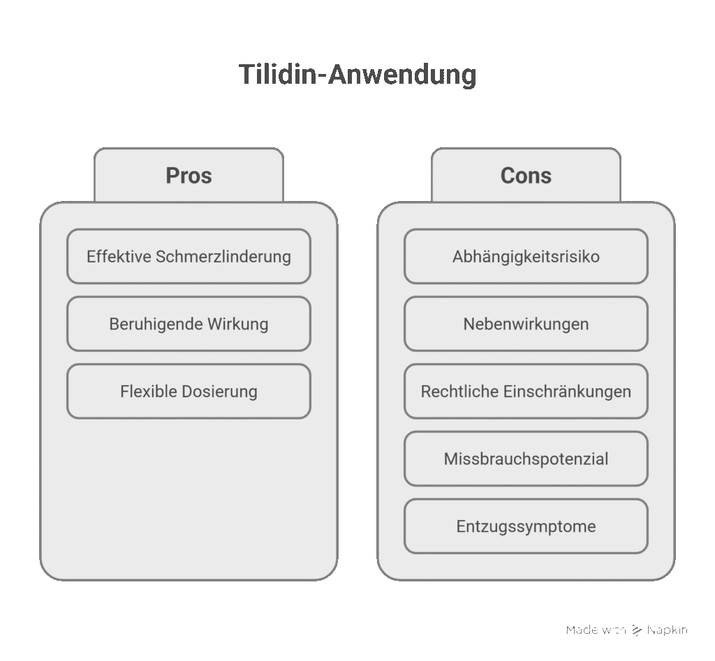 Infografik „Tilidin-Anwendung“. Zwei Spalten: Pros – effektive Schmerzlinderung, beruhigende Wirkung, flexible Dosierung. Cons – Abhängigkeitsrisiko, Nebenwirkungen, rechtliche Einschränkungen, Missbrauchspotenzial, Entzugssymptome.