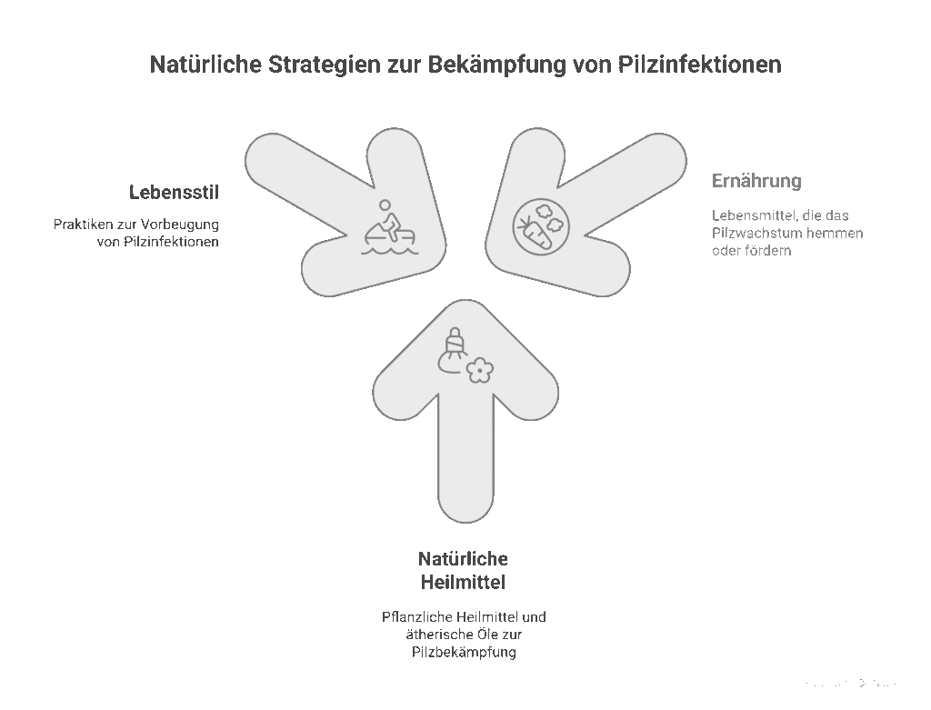 Infografik: Natürliche Strategien gegen Pilzinfektionen – drei Pfeile für Lebensstil (Prävention), Ernährung (hemmend/fördernd) und natürliche Heilmittel (pflanzliche Mittel, ätherische Öle).