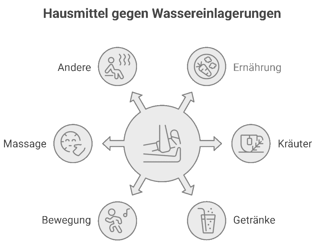 Infografik „Hausmittel gegen Wassereinlagerungen“: zentrales Symbol für Beine hochlagern, darum sechs Kategorien – Ernährung, Kräuter (Tees), Getränke (Wasser), Bewegung, Massage und „Andere“ (z. B. Wärme/Sauna).