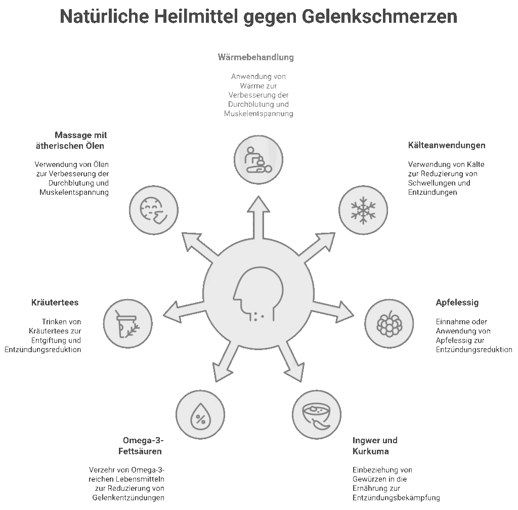 Infografik zu natürlichen Heilmitteln gegen Gelenkschmerzen: Wärmebehandlung zur Durchblutungsförderung, Kälteanwendungen gegen Schwellungen, Apfelessig zur Entzündungsreduktion, Ingwer und Kurkuma in der Ernährung, Omega-3-Fettsäuren zur Linderung von Gelenkentzündungen, Kräutertees zur Entgiftung, sowie Massage mit ätherischen Ölen zur Muskelentspannung.