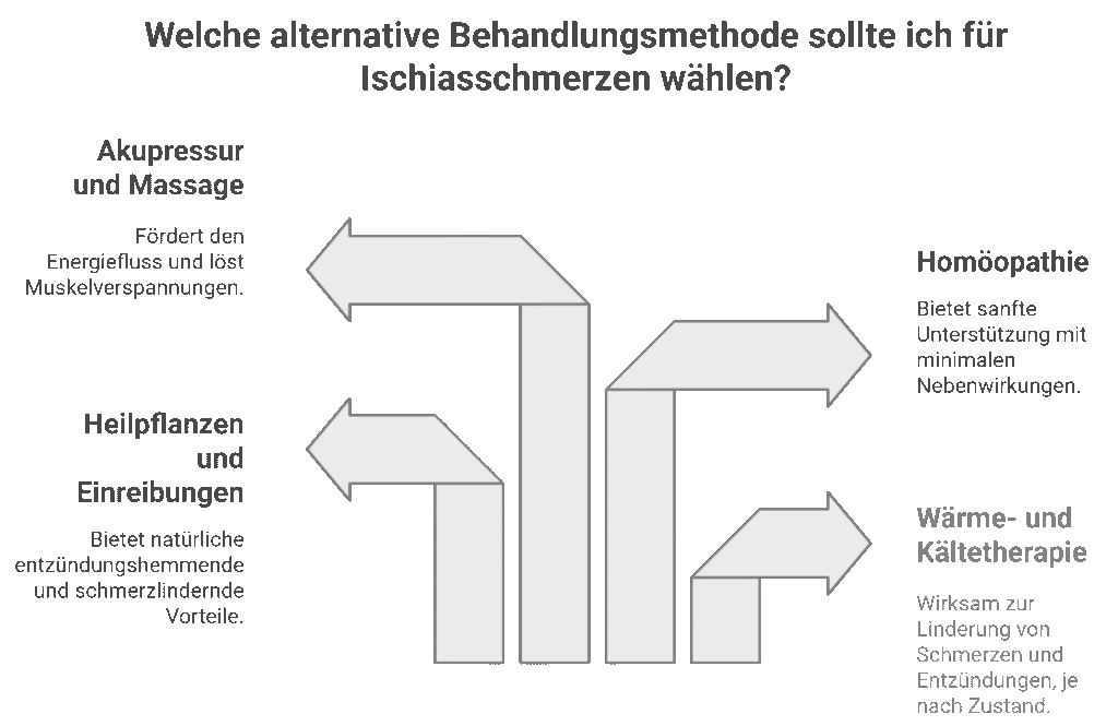 In der Mitte sind Pfeile dargestellt, die in verschiedene Richtungen zeigen und unterschiedliche Methoden symbolisieren: Akupressur und Massage (fördert den Energiefluss, löst Muskelverspannungen), Heilpflanzen und Einreibungen (natürliche entzündungshemmende und schmerzlindernde Vorteile), Homöopathie (sanfte Unterstützung mit minimalen Nebenwirkungen) und Wärme- und Kältetherapie (wirksam zur Linderung von Schmerzen und Entzündungen, je nach Zustand).