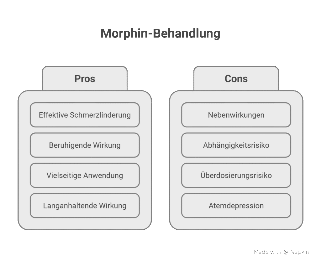 Grafik zur Morphin-Behandlung mit Vor- und Nachteilen. Auf der linken Seite werden die Pros gezeigt: effektive Schmerzlinderung, beruhigende Wirkung, vielseitige Anwendung und langanhaltende Wirkung. Auf der rechten Seite stehen die Cons: Nebenwirkungen, Abhängigkeitsrisiko, Überdosierungsrisiko und Atemdepression.