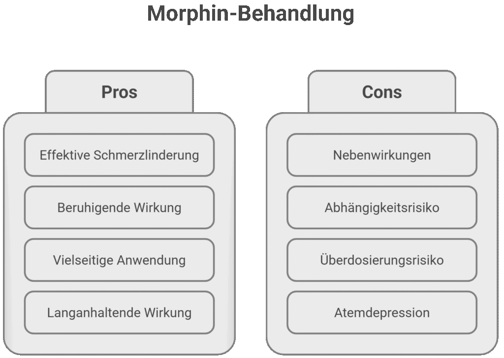 Grafik zur Morphin-Behandlung mit Übersicht der Vor- und Nachteile. Links die Vorteile: effektive Schmerzlinderung, beruhigende Wirkung, vielseitige Anwendung, langanhaltende Wirkung. Rechts die Nachteile: Nebenwirkungen, Abhängigkeitsrisiko, Überdosierungsrisiko, Atemdepression. Darstellung für Patienten in der Schweiz.
