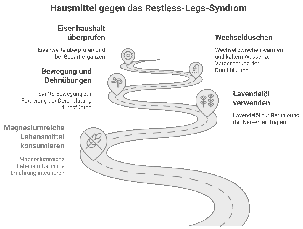 Infografik „Hausmittel gegen das Restless-Legs-Syndrom“: ein gewundener Straßenpfad mit fünf Stationen – Eisenstatus prüfen/bei Bedarf ergänzen, Bewegung & Dehnübungen, magnesiumreiche Lebensmittel, Wechselduschen (warm/kalt) und Lavendelöl zur Beruhigung.