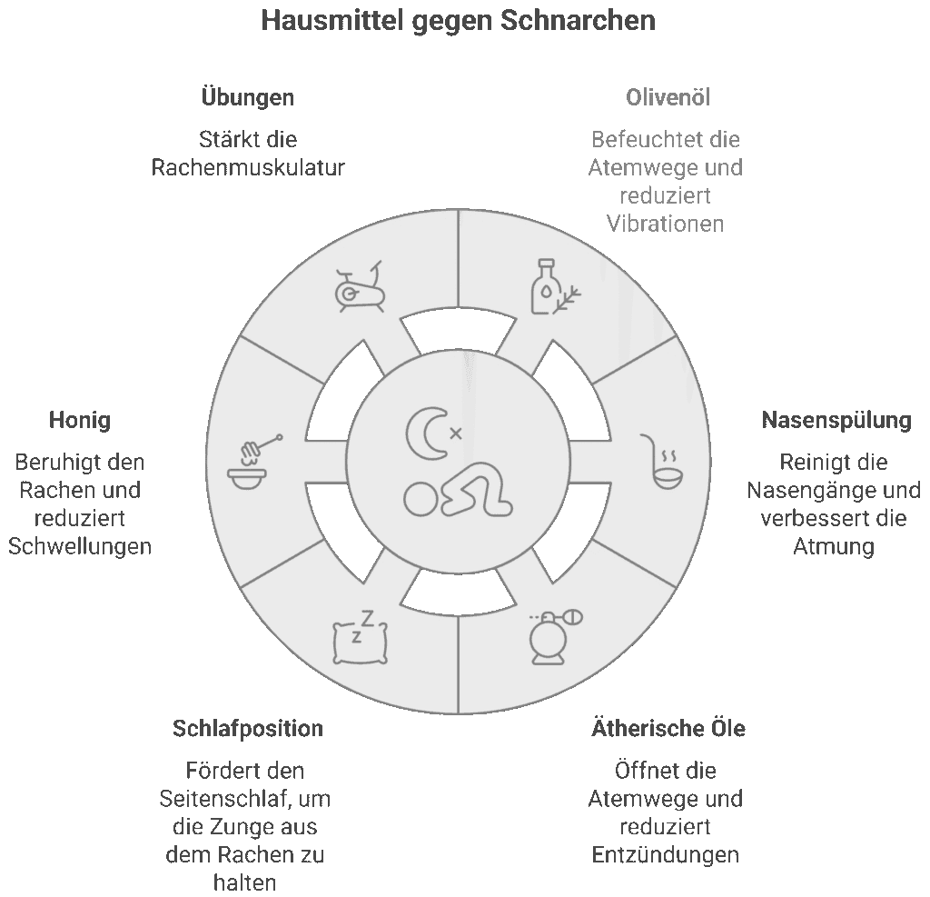 Infografik mit dem Titel „Hausmittel gegen Schnarchen“. In einem Kreisdiagramm werden verschiedene Methoden dargestellt: Übungen (stärken die Rachenmuskulatur), Olivenöl (befeuchtet die Atemwege, reduziert Vibrationen), Nasenspülung (reinigt die Nasengänge, verbessert die Atmung), Ätherische Öle (öffnen die Atemwege, reduzieren Entzündungen), Schlafposition (Seitenlage verhindert, dass die Zunge in den Rachen fällt) und Honig (beruhigt den Rachen, reduziert Schwellungen). In der Mitte ein Symbol für Schlaf.